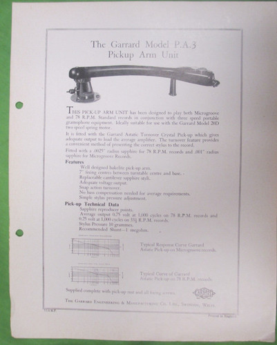 Garrard model 3 pickup - p.a.,